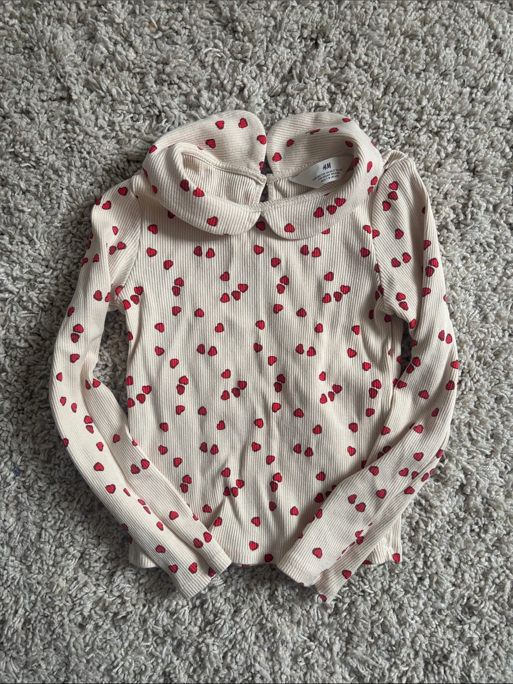H&M  | Cream Ribbed Long Sleeve Top with Red Heart Print and Peter Pan Collar